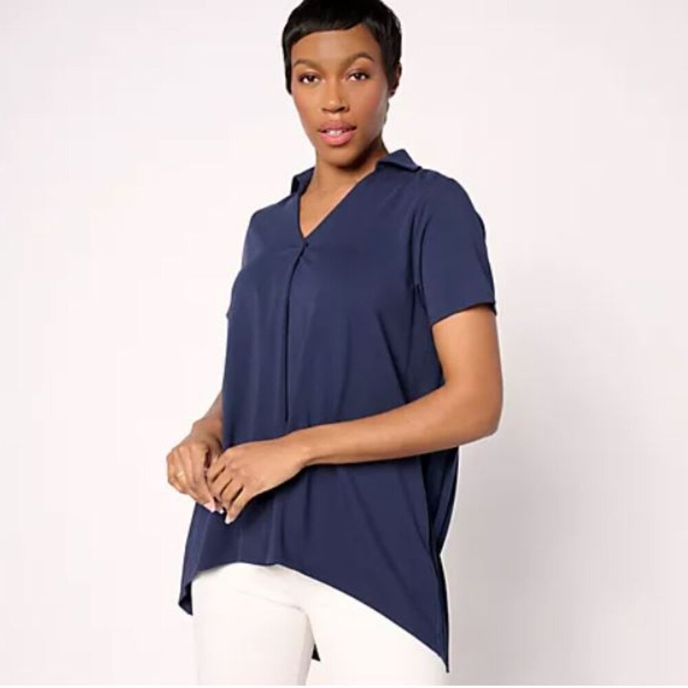 BEAUTIFUL by Lawrence Zarian Regular Hi-Low Tunic with Pleating-Navy-2X
